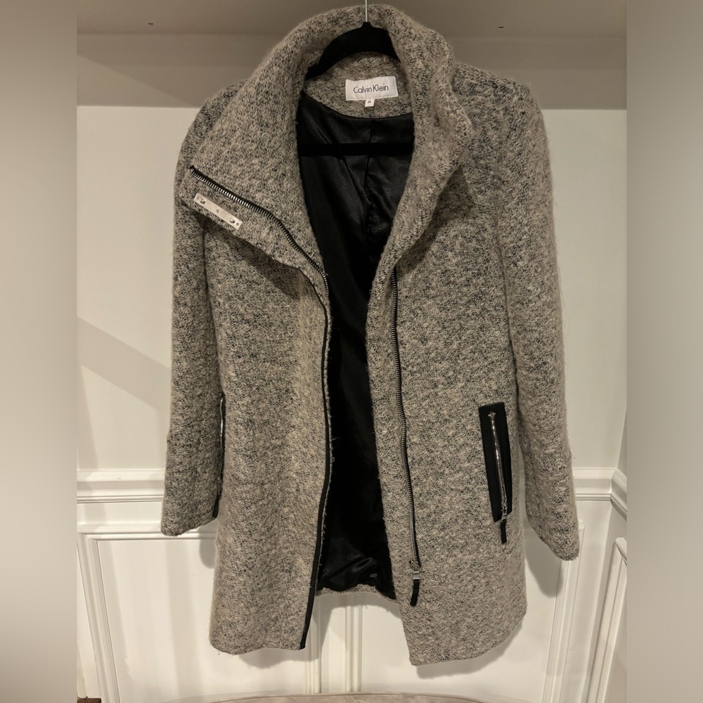 Calvin Klein faux leather trim boucle jacket